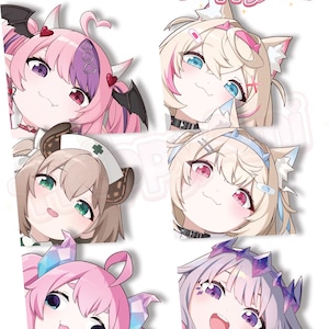 Pode incluir: Cinco ilustrações de personagens de estilo anime coloridos com diferentes expressões faciais. Cada personagem tem um penteado e um traje únicos. O texto "HappyAmi" está no topo da imagem.