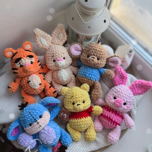 Bear plush. Crochet pig. crochet bunny. Knitted toy. Amigurumi kangaroo. toy Soft tiger cartoon character. Plush donkey