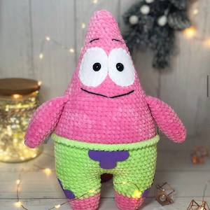 Patrick handmade. Handmade cartoon hero. Crochet cartoon characters. Patrick crochet.