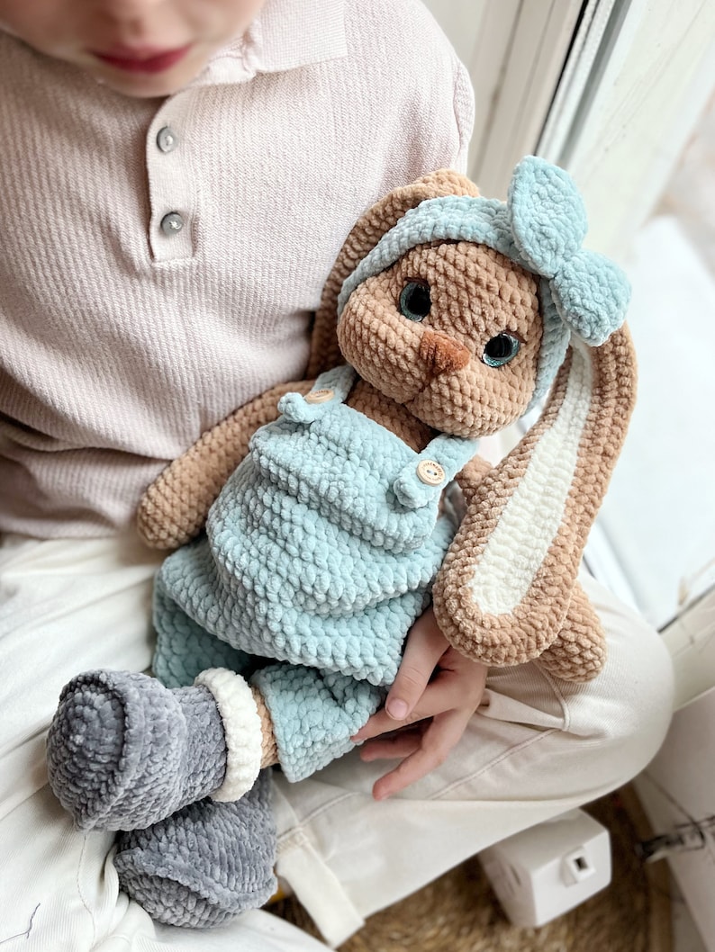 Handmade Crochet Bunny Long Ear in Pink Jumpsuit main image 0