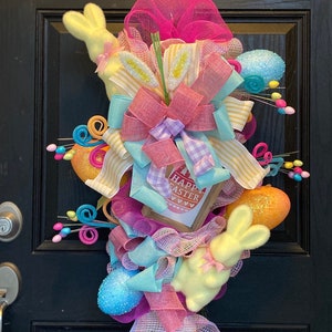 Easter Door Swag: Flocked Bunny, Colorful Eggs, Spring Decor