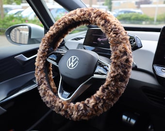 Fuzzy Crochet Steering Wheel Cover: Brown Fluffy Car Decor