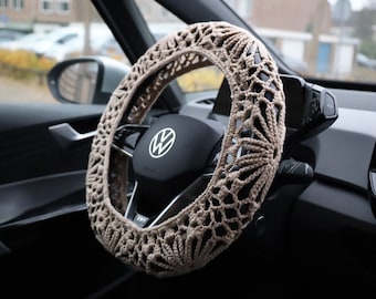 Boho Floral Crochet Steering Wheel Cover, Beige Car Accessories