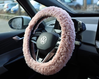Funda de volante de crochet esponjosa rosa claro, decoración para coche
