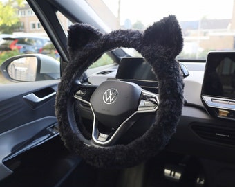 Cute Fluffy Soft Cat Ears Car Steering Wheel Cover, Crochet steering wheel cover, Black Cat wheel cover, Seat belt cover, Car accessories