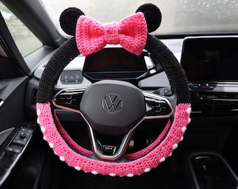 Crochet Mouse Ears Steering Wheel Cover: Pink Bow Car Decor
