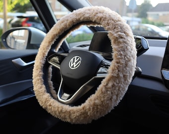 Handmade Crochet Beige Fluffy Steering Wheel Cover (14-15 inch)