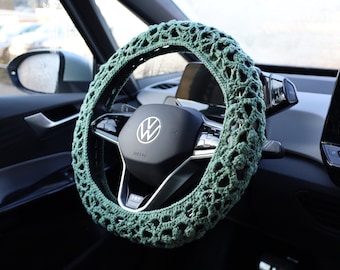 Sage Green Crochet Steering Wheel Cover, Boho Car Decor