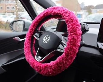 Funda de volante de crochet rosa, decoración para coche (14-15 pulgadas)