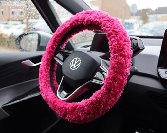 Pink fuzzy warm steering wheel cover, Crochet steering wheel cover, Cozy steering wheel cover, Car accessories for women, Interior car decor