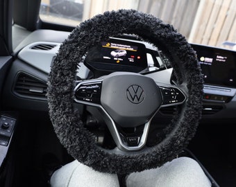 Black Fuzzy Crochet Steering Wheel Cover: Car Interior Decor