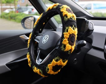 Funda de volante de girasol de ganchillo, decoración acogedora para el coche