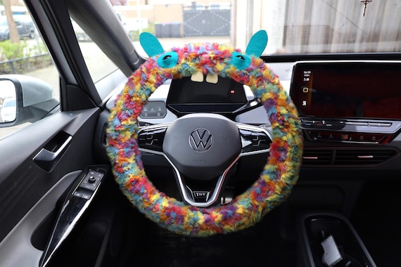 Fluffy Rabbit Steering Wheel Cover,  Crochet Car Accessory, Halloween Decor