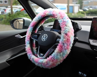 Crochet Rainbow Steering Wheel Cover, Fluffy Car Decor (14-15 inch)