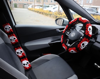 Gehaakte schedelstuurhoes, gordelhoes, gothic autodecorset