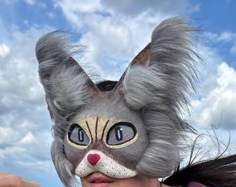 Grey Long Fluffy Ears Therian Cat Mask – Realistic Animal Shift Mask for Therianthropy  Wild Soul Alterhuman Gift for Daughter Cosplay mask