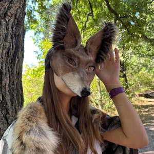 May include: A detailed fox mask in shades of brown and tan, featuring large, erect ears. The mask is worn with a black and white checked shirt and a fur collar. The background shows a natural outdoor setting with trees and sunlight.