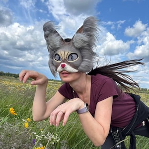 Grijze lange pluizige oren Therian Cat-masker – Realistisch Animal Shift-masker voor Therianthropy Wild Soul Alterhuman cadeau voor dochter Cosplaymasker