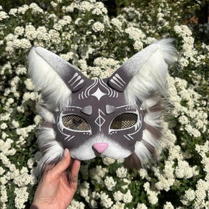 Gray tabby Therian Cat Mask Handmade Feline Cosplay Accessory Therian Gift Cat Shaped Mask Premade therian mask Alien therian mask