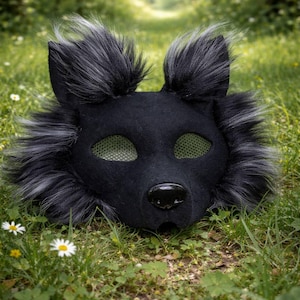 Svart varg Therian-mask – Handgjord realistisk vargmask, djursjälsmask, Therian Cosplay, Quadrobics-mask, hög kvalitet