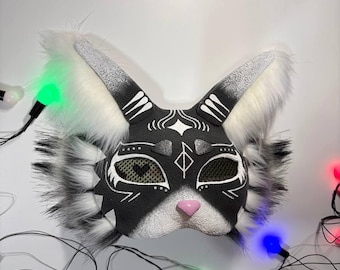 Therian Cat Mask | Gray White Full Head Design | Handmade Faux Fur Cosplay | Perfect for Masquerades - Quad Running