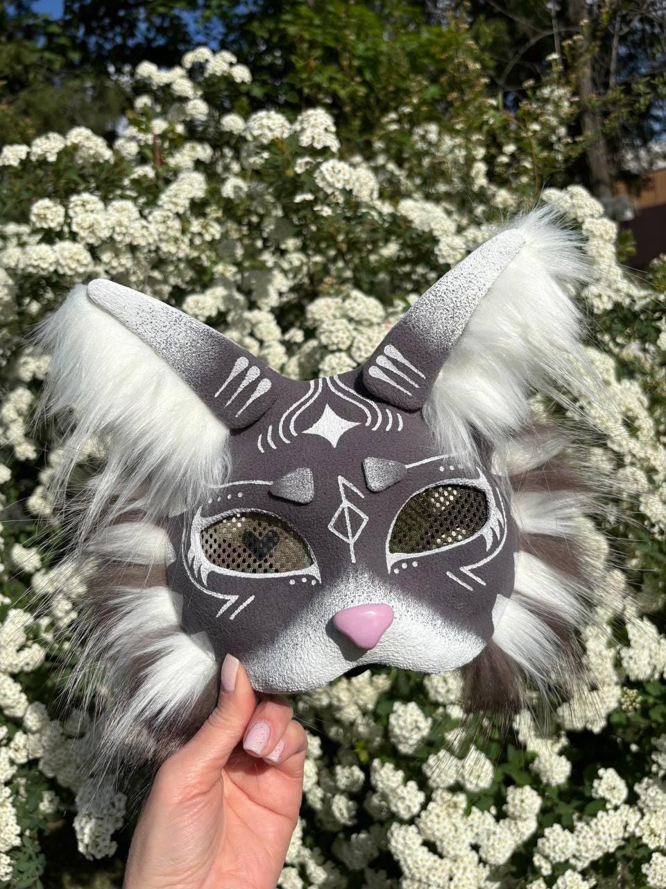 Unique Cosplay Masks for Quadrobics Therian mask Сat with green eyes, Creative Quadrobics Masks Fursuit fan