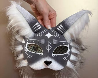 Gray Therian Cat Mask – Handmade Feline Cosplay Mask with Faux Fur, Quadrobics Cat Gear, Mystical Tribal Cat Mask for Teens