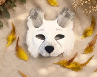 Handmade White Fox Mask – Arctic Fox Therian Mask for Cosplay