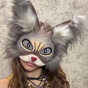 Cat Mask Realistic Animal Mask Handmade Feline Mask for Cosplay Halloween Costume Furry Therian Masquerade Party Cat Lover Gift for Daughter
