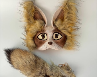 Therian Cat Mask with Long Fluffy Ears and Faux Fur Tail – Realistic Furry Cat Cosplay, Gift for Therian Daughter, Alterhuman Costume Set