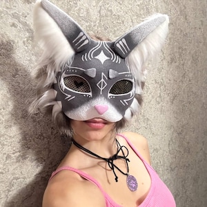 Gray tabby Therian Cat Mask Handmade Feline Cosplay Accessory Therian Gift Cat Shaped Mask Premade therian mask Alien therian mask