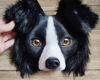 Border Collie Dog Mask – Realistic Furry Cosplay Mask, Handmade Animal Costume Head for Halloween, Masquerade & Performance