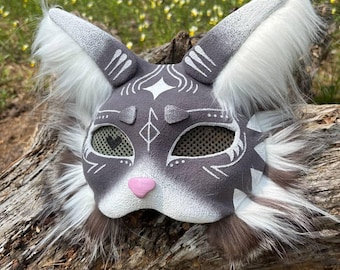 Soft fluffy mask Fantasy mask Mystical Therian Cat Mask Handmade Feline Cosplay Accessory Therian Gift Cat Shaped Mask Fur Theriotype cat