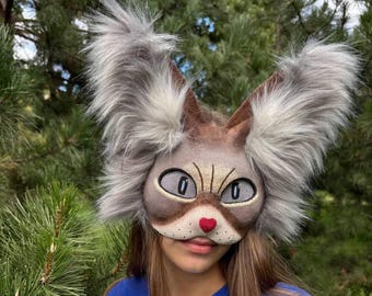 Whimsical Grey Cat Therian Mask Handmade | Fluffy Cosplay Fursuit Costume | Quadrobics Gear for Jumps | Aesthetic Gift for Therian Daughter