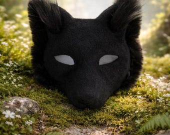 Black Wolf Therian Mask – Handmade Realistic Wolf Mask, Animal Spirit Mask, Therian Cosplay, Quadrobics Mask