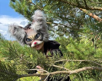 Grey Therian Mask Cat Lovers Handmade Feline Cosplay Universal Size, Jumping Cat, Realistic Faux Fur Mask, Fursuit masquerade