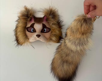 Handmade cat mask and tail Cute Beige Cat Therian Mask Mask Feline Costume Quadrobics Gear Performer Mask Quality Quadrobist accessory
