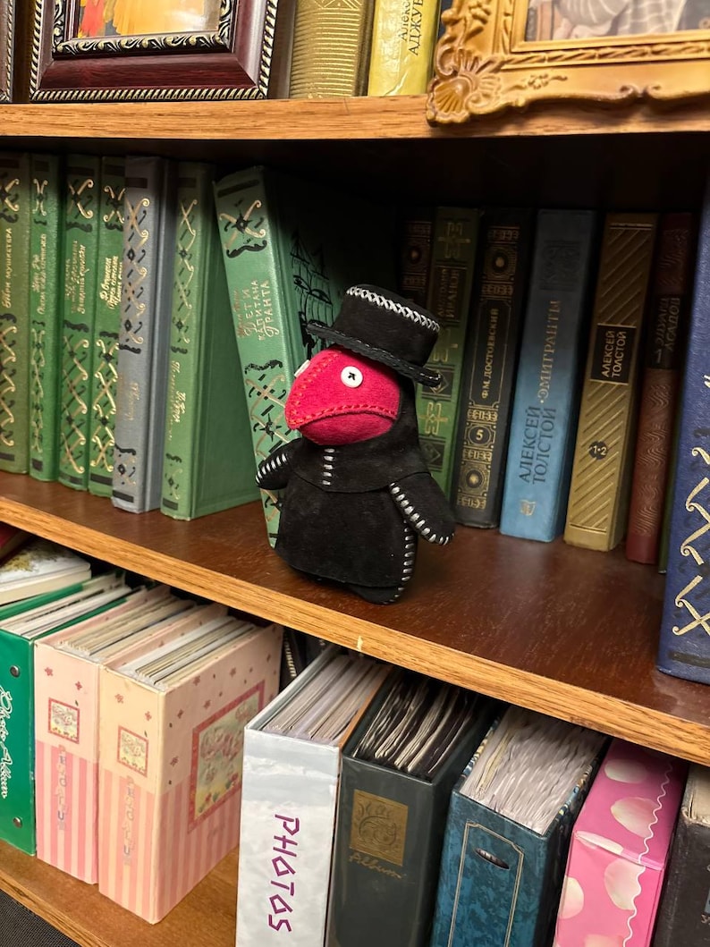 Historical character doll plague doctor art, Cottagecore doll, During the plague, leather plague dr, Steampunk doctor,Scary renaissance doll Black with red beak