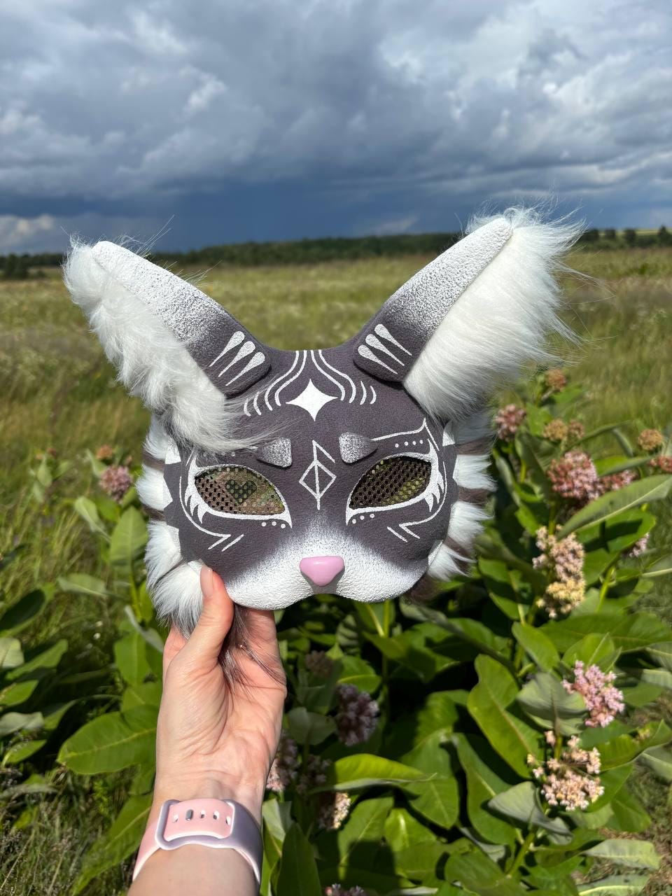 No.488 オーダーマスク　猫　猫缶　ピンク　ハンドメイド かわいいふわふわ動物猫マスク - ハンドメイドのクアドロビクス