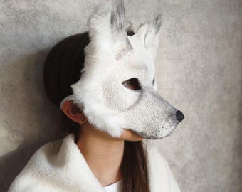 Maschera da lupo bianco teriano - Maschera da spirito lupo fatta a mano, costume peloso da cosplay di animali maestosi / Regalo teriano per adolescenti