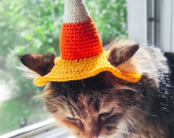 Crochet Candy Corn Cat Hat - Halloween Pet Costume