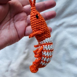 May include: A handmade orange crochet shrimp with white stripes on its tail. The shrimp has small black eyes and long orange antennae. This unique, whimsical item is perfect for ocean-themed decor or as a fun accessory.
