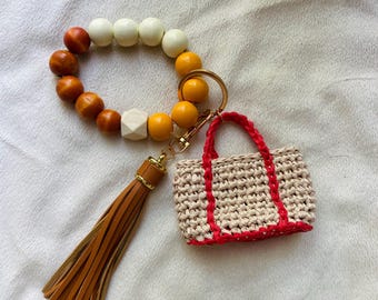 Custom Color Raffia Bag Charm: Handmade Natural Fiber Purse Keychain
