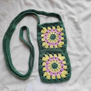 Crochet Granny Square Cell Phone Bag: Cotton Crossbody Pouch
