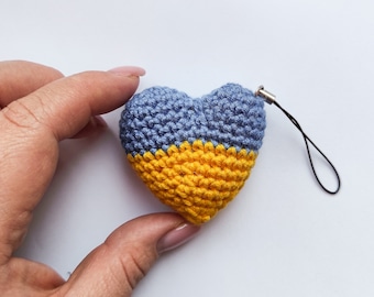 Ukraine, Ukrainian store, Ukraine seller, Ukraine items, blue and yellow crochet heart, keychain, car mirror hanging accessories