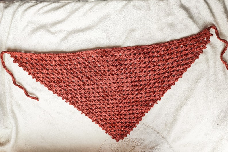 Op de afbeelding: Een roestkleurige gehaakte driehoekige sjaal met twee lange kwastjes. De sjaal is gemaakt met een eenvoudig steekpatroon en heeft een delicate, kantlook.