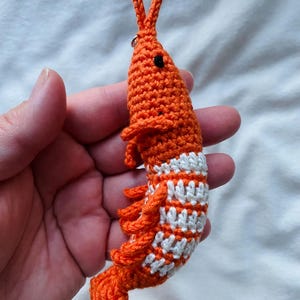 May include: A handmade orange and white crochet shrimp keychain. The shrimp has a detailed design with small black eyes, white stripes, and orange fringe. The keychain is held in a hand against a white background.