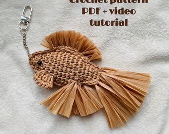 Crochet Fish Bag Charm Pattern: Raffia Keychain DIY (PDF Tutorial with Video & Photos)
