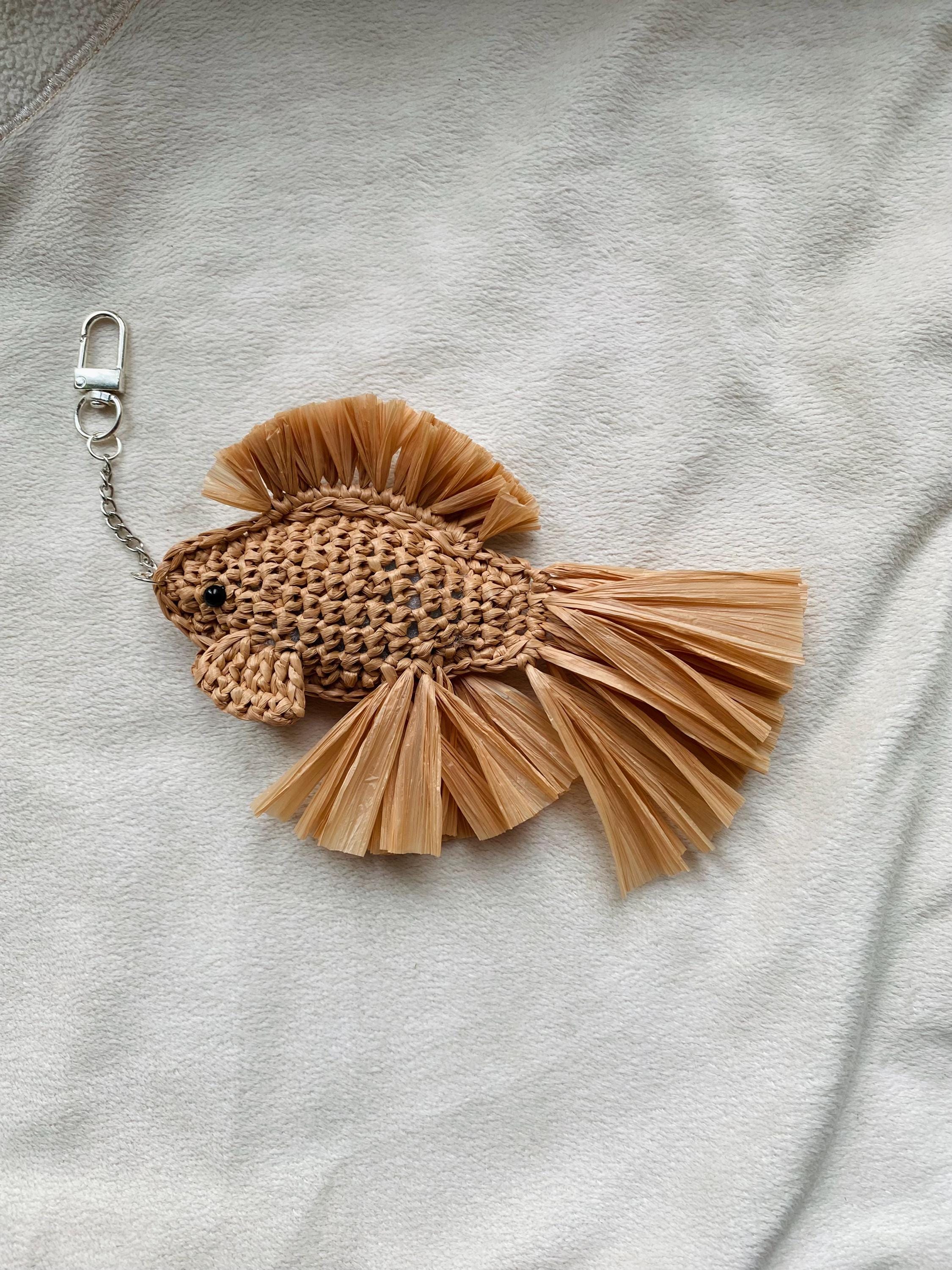 Handmade Raffia Fish Keychain | Fisherman Aesthetic Bag Charm | Natural Fiber Keyring | Nautical Beachy Accessory