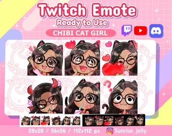Twitch emotes - Black hair Brown eyes / Tan / Chibi Girl / Twitch emotes pack / Glasses / kawaii / Cat / emoji / Discord / Youtube / Badge